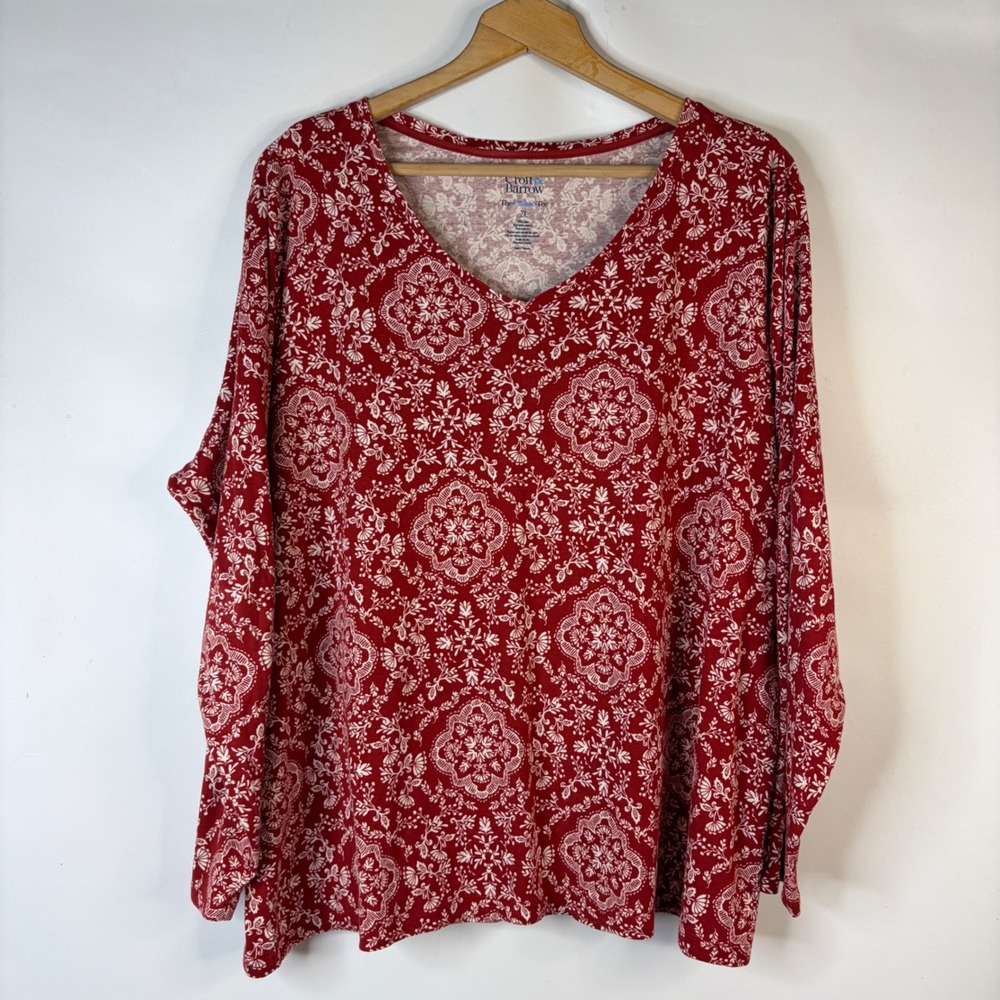 Croft & Barrow Long Sleeve Tee Womens 2X Red Medallion Floral V-Neck Cotton